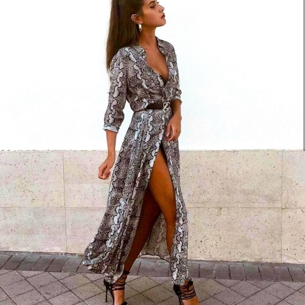 Zara grey black snake print long sleeve button down shirt maxi dress XS